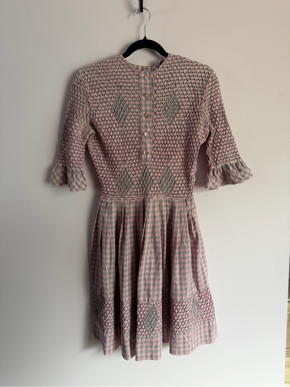 1970’s Handmade Cotton Candy Pink Gingham Hand Smocked Square Dance Dress S